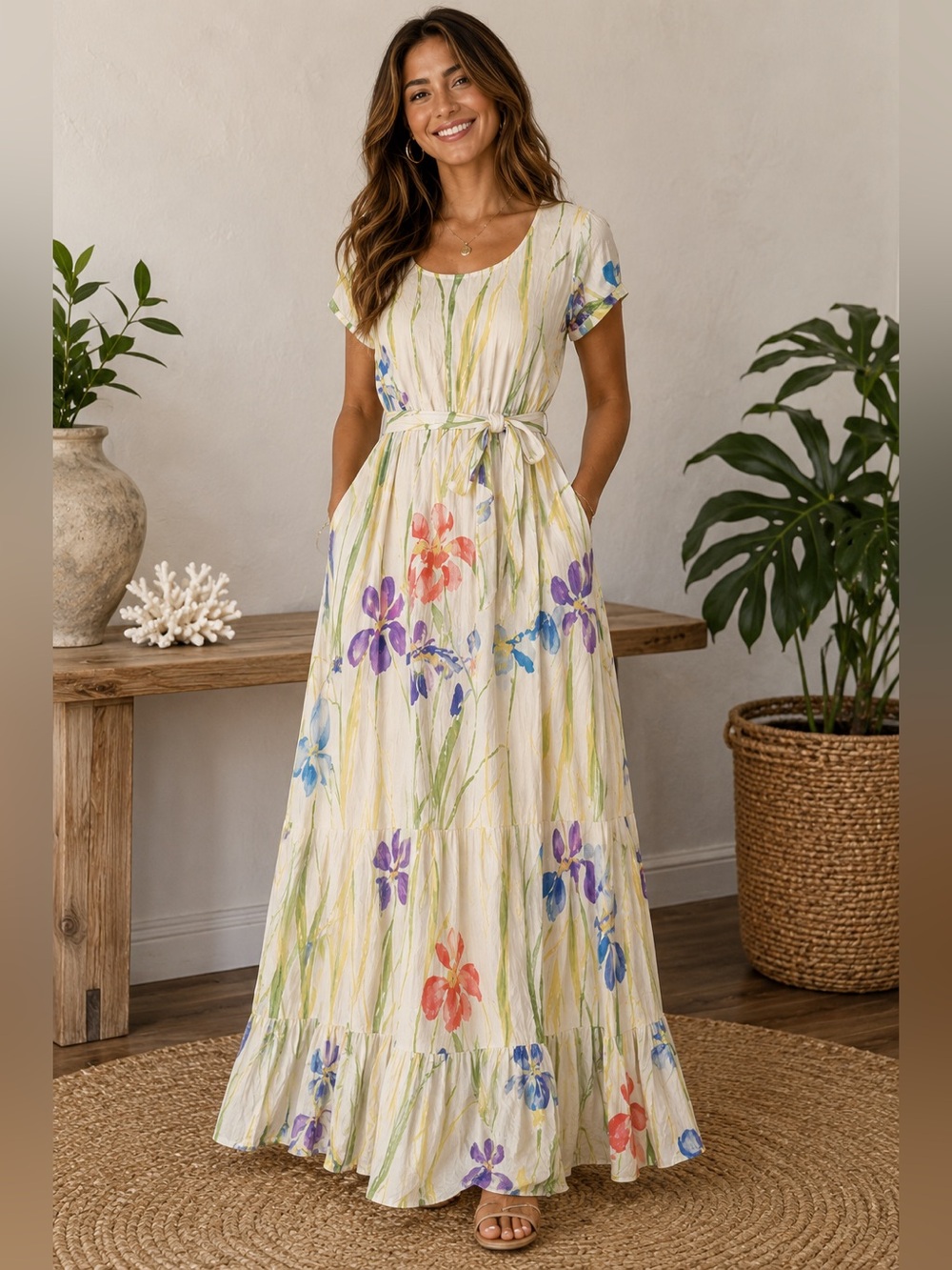Jams World Watercolor Floral Maxi Dress Tie Waist Pockets Size M